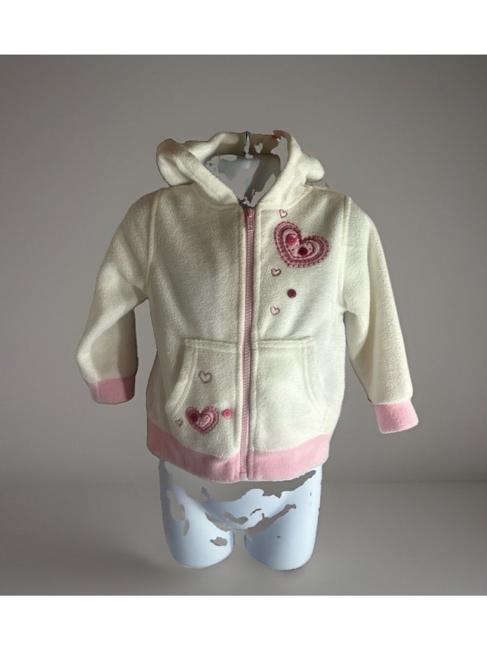 KOALA KIDS Hooded Zip Up Fleece Jacket Toddler Size 24 Months White Pink Hearts